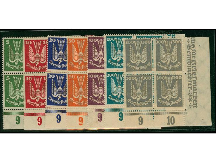 1924, Flugpost Holztaube 5-300 Pfg. kpl. in Viererblocks aus der rechten unteren Bogenecke, postfrisch, Kabinett