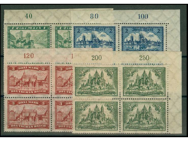 1924, Bauwerke 1-5M. , je als Viererblock aus der rechten oberen Ecke, posfrisch, Kabinett