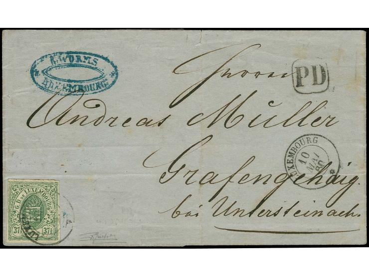 37½ c. green, clear to wide margins, tied by cds. "LUXEMBOURG 10 MAI 60" to lettersheet to Bavaria with transit mark of Trier