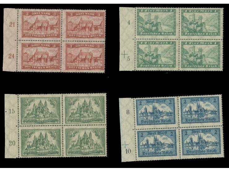 1924, Bauwerke 1 M.-5 M. in 4er-Blocks vom linken Bogenrand, postfrisch