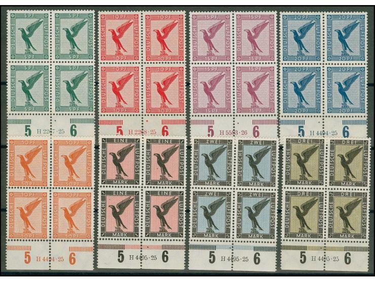  1926, Steinadler 5 Pfg.- 3M. kpl. in Unterrand-Viererblocks mit HAN, postfrisch, sehr selten, Kabinett