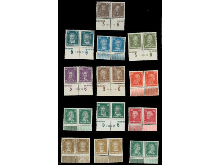 1926, Bedeutende Deutsche 3-80 Pfg. kpl. in waagerechten Unterrand-Paaren, dabei 8, 20 und 30-80 Pfg. mit HAN, postfrisch