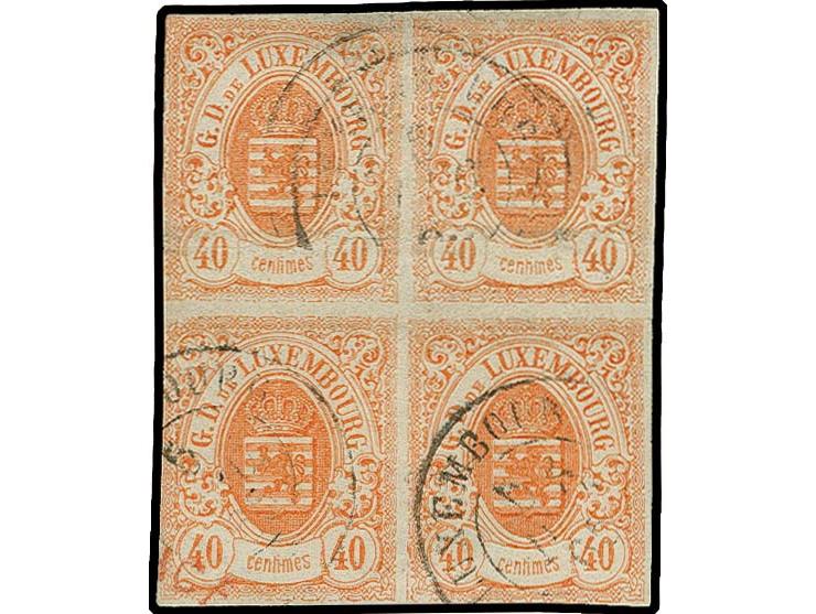 40 c. orange in block of 4, the lower pair slightly toched, otherwise good margins and fresh colour, used by Luxembourg cds.,