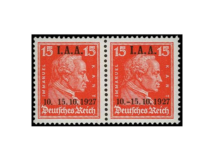 1927, IAA 15 Pfg. im waagerechten Paar, einmal mit Aufdruckfehler "ohne Bindestrich", postfrisch, Kabinett