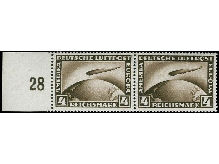 Zeppelin 4 M. mit Plattenfehler "Weißer Punkt am K" im waagerechten Paar vom linken Bogenrand mit Normalmarke, postfrisch, Ka