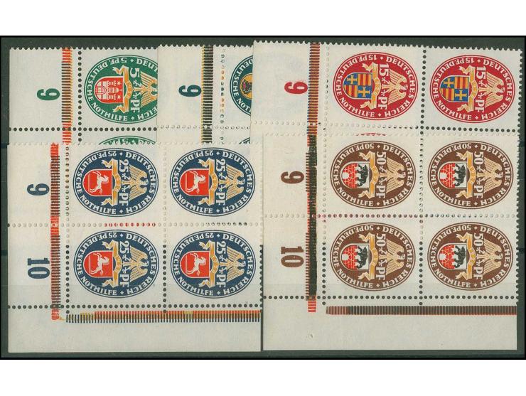 1929, Nothilfe 5-50 Pfg. in Viererblocks aus der unteren Bogenecke, postfrisch, Kabinett