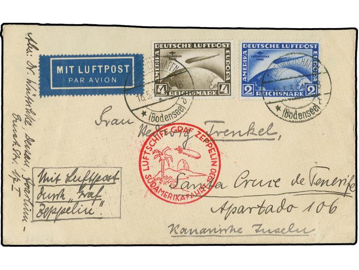 1930, Südamerikafahrt 2-4M. mit Stempl "FRIEDRICHSHAFEN 18.5.30" auf Zepplinbief nach Santa Cruz Teneriffa, Kabinett