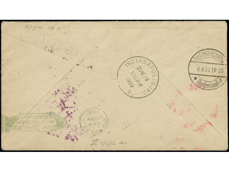 4 M. im senkrechten Paar und Einzelwert mit Stempel "FRIEDRICHSHAFEN 6.6.30" auf Zeppelin-Rundflug-Brief nach Indianapolis, g