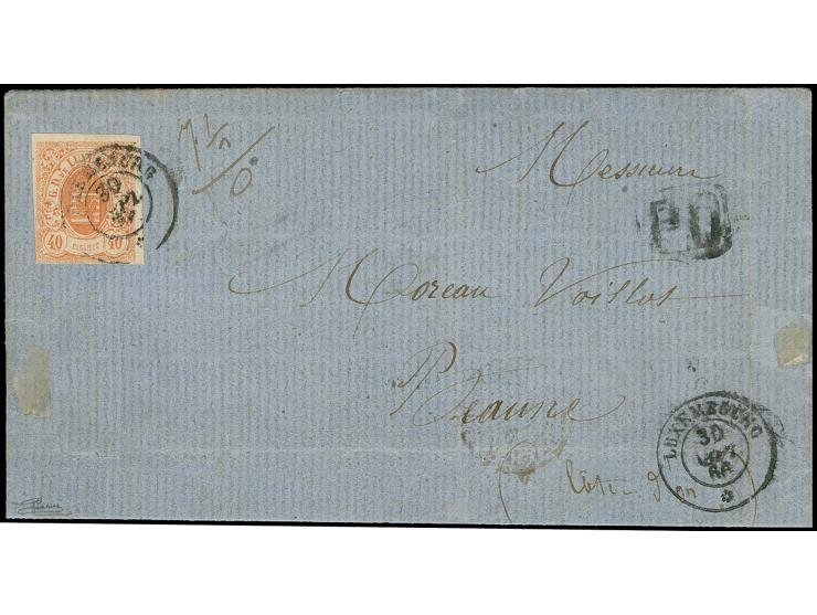 40 c. orange with clear to large margins, tied by cds. "LUXEMBOURG 30 SEPT. 66" to entire letter to France; some hinge remain