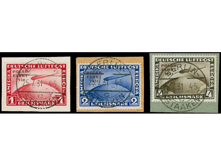 1931, Polarfahrt 1-4 M. mit einheitlichen Stempeln "BERLIN STAAKEN 25.7.31" je auf Briefstück, 4 M. eine bräunliche Zahnspitz