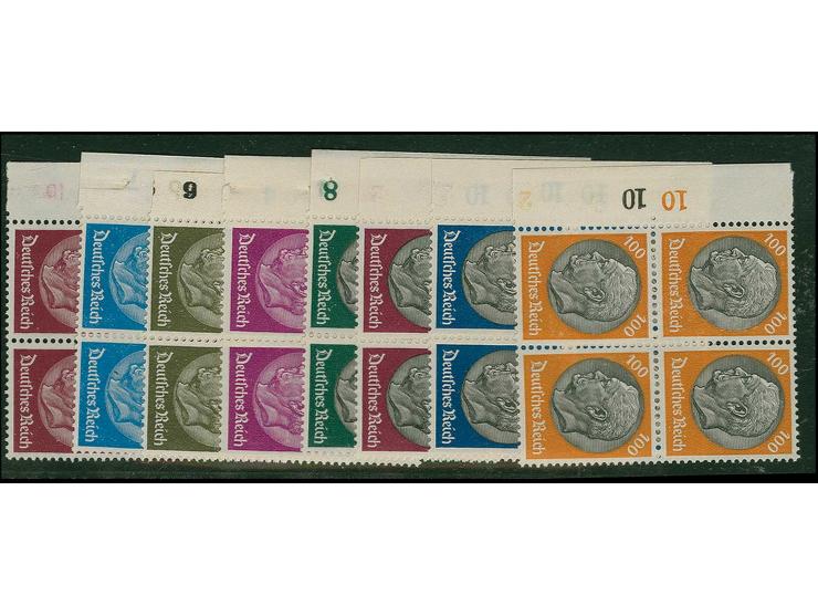 Hindenburg 15-100 Pfg. in Viererblocks mit linkem Bogenrand, postfrisch, Kabinett