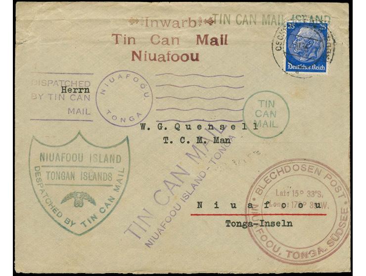 Hindenburg 25 Pfg. blau mit Stempel "OSCHERSLEBEN 2.10.35" auf Brief nach Niuafoou, Tonga Inseln mit vorder- und rückseitig m