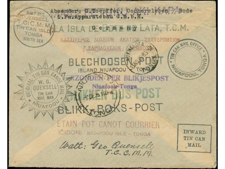 Hindenburg 25 Pfg. blau mit Stempel "OSCHERSLEBEN 2.10.35" auf Brief nach Niuafoou, Tonga Inseln mit vorder- und rückseitig m