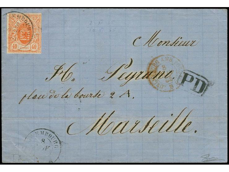 40 c. red-orange, clear to mostly wide margins, tied by cds. "LUXEMBOURG 8 NOV. 65" to lettersheet to Marseille, fine, signed
