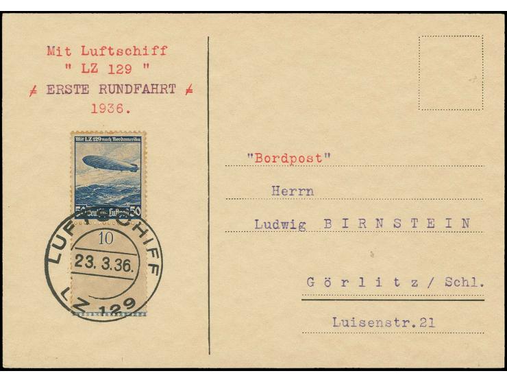 1936, Nordamerikafahrt 50 Pfg., Unterrandstück mit Leerfeld in Markengröße auf Zeppelinkarte nach Görtlitz, selten, Kabinett