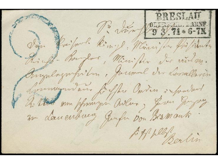 DIVERSES: 1871, "2", großer blauer Taxstempel auf kleinem unfrankiertem Couvert von "BRESLAU OBERSCHL. BAHNF. 9 3 71" an den 