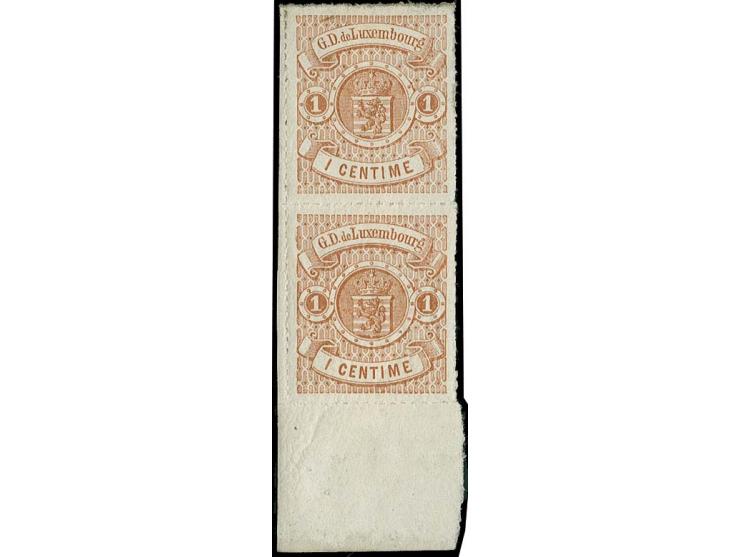 1865, colourless rouletted 1 c. reddish-brown, vertical pair from the lower left sheet margin, unused with original gum, the 