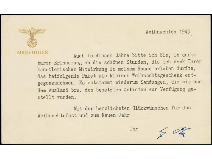 1943, e.U. "Adolf Hitler" auf Weihnachts-Grußkarte mit Gold-Vordruck in einwandfreier Erhaltung, in dieser Form sehr selten!