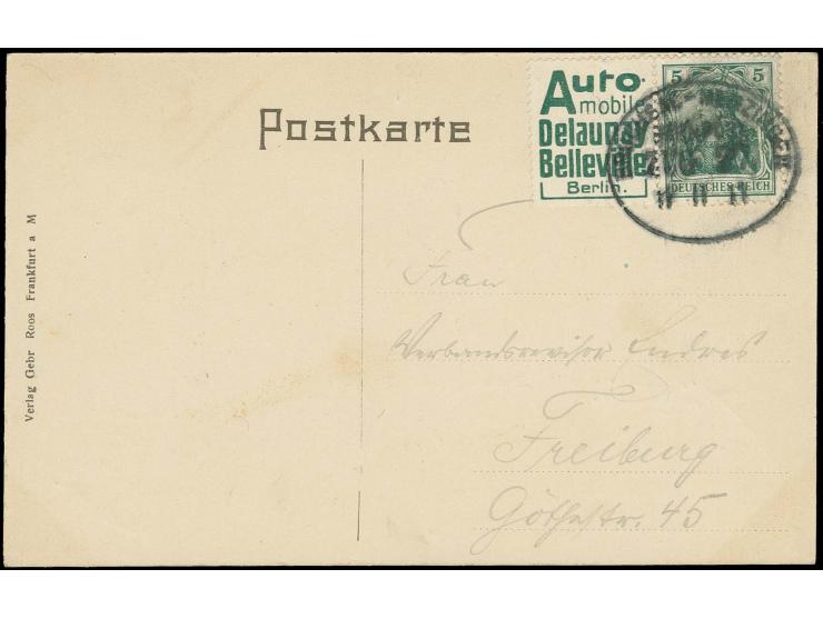 1911, "Automobile Delauney + 5 Pfg. mit Bahnpoststempel "BRUCHSAL-MERZINGEN 11.11.11" als portogerechte Frankatur auf Ansicht