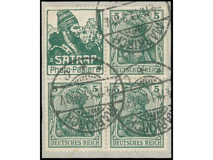 "Satrap" + 5 Pfg. in Blockeinheit mit 2 weiteren Marken auf Briefstück, Kabinett (Mi. 900,-)