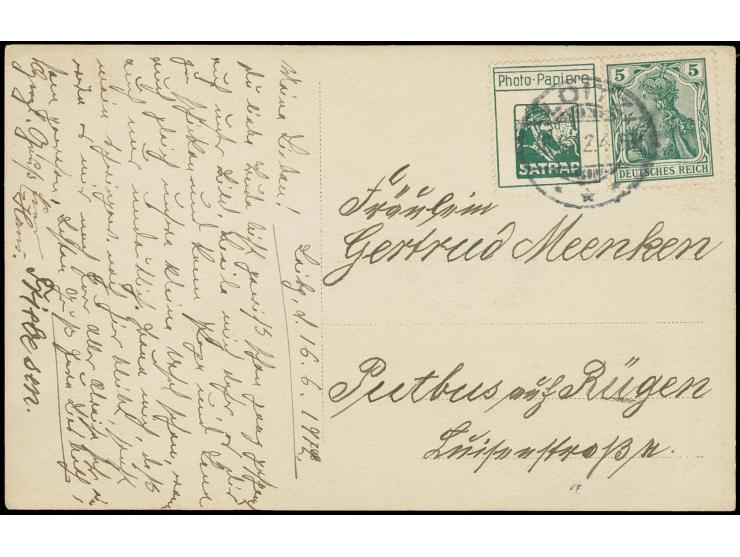 "Satrap" + 5 Pfg. mit Stempel "LOITZ 16.8.12." als portogerechte Frankatur auf Fotokarte mit viel Text nach Putbus, Pracht, F
