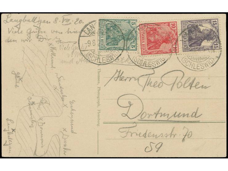 15 Pfg. grauviolett + 10 Pfg. dunkelrosarot und Germania 5 Pfg. mit Stempel "LANGBALLIG 9.8.20" als portogereche Frankatur au