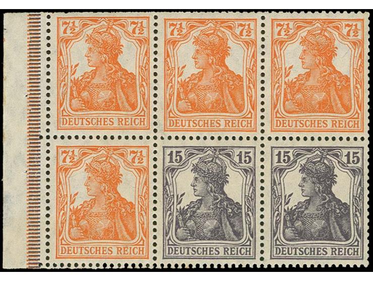 Heftchenblatt Germania 7 1/2 Pfg. lebhaftrötlichorange + 15 Pfg. schwarzviolett kpl. mit ndgz. Rand, postfrisch mit Haftelle 