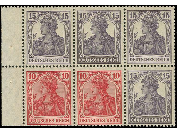 Heftchenblatt Germania 10 Pfg. dunkelrosarot + 15 Pfg. kpl. mit dgz. Rand, postfrisch mit leichter Heftchenzähnung unten, Pra