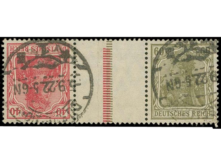 1921, Germania und Ziffern, 40+Z+60 Pfg., gestempelt "DÜSSELDORF 5.9.22", Faltspur im Zwischensteg, ansonsten tadellos, Fotoa