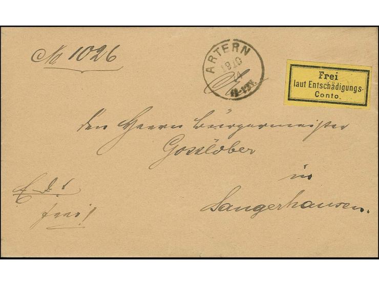 1874, Gebührenzettel für Dienstpostsendungen der Eisenbahn auf Dienstbrief von "ARTERN 19 10 74" nach Sangerhausen mit handsc