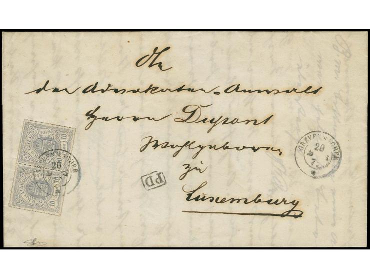 1865/75, rouletted in colour 10 c. bluish-lilac, horizontal pair, tied by cds. "GREVENMACHER 20 MARS 72" to entire letter to 