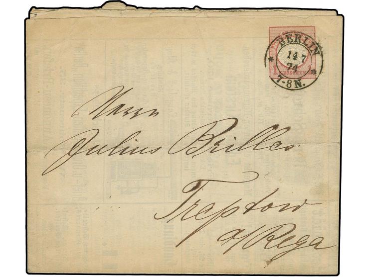 1873, Anzeigenfaltbrief 1 Gr. karmin mit DKr. "BERLIN 14 7 74" nach Treptow, rechte Hälfte "ber.IV" mittig gefaltet, Befund S