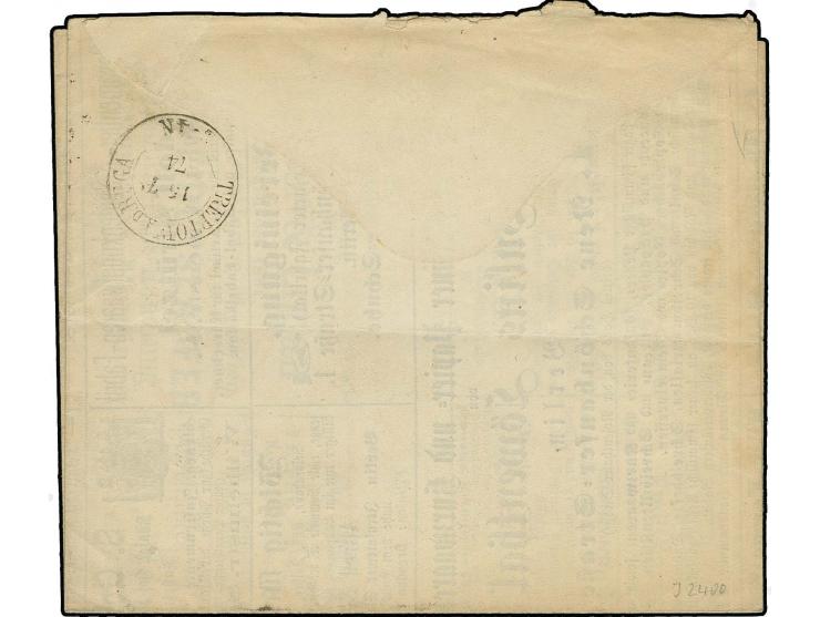 1873, Anzeigenfaltbrief 1 Gr. karmin mit DKr. "BERLIN 14 7 74" nach Treptow, rechte Hälfte "ber.IV" mittig gefaltet, Befund S