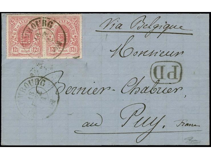 12½ c. carmine, horizontal pair tied by cds. "LUXEMBOURG 13 FEVR. 71" to small lettersheet, endorsed "Via Belgique" due to Fr