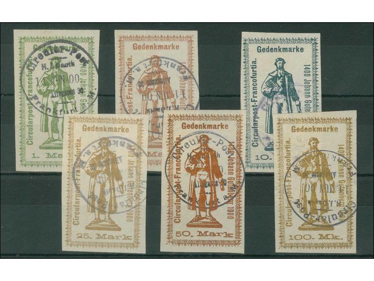 FRANKFURT: Drucksachen und Circular-Beförderung, 1900 Gutenbergfeier 1-100 M. kpl. gestempelt, 5 und 10 M. Knitterspuren, als