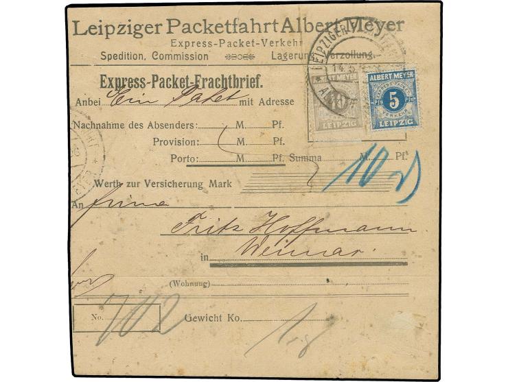 LEIPZIG-A: Express-Packet-Verkehr 1897, 5 Pfg. blau und 10 Pfg. grau mit Dkr. auf Packet-Begleitschein, etwas unfrisch, selte