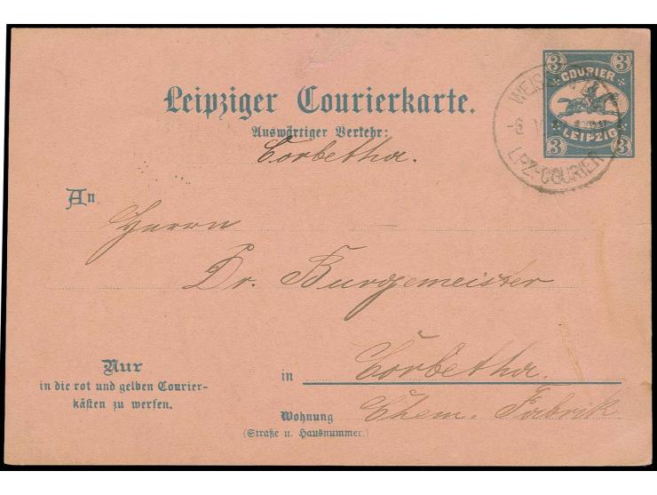 WEISSENFELS:  Leipziger Courierkarte 3 Pfg. blau mit Stempel "WEISSENFELS -6.V.93" nach Corbetha, etwas unfrisch