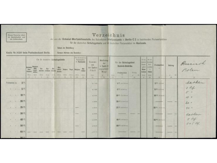 1916 ca., "Verzeichnis der von der Kolonial-Wertzeichenstelle des Kaiserlichen Briefpostamtes in Berlin C2 ..." Bestellformul