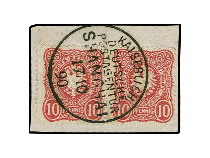 10 Pfg. im waagerechtem Paar mit Stempel "KDP SHANGHAI 17/10 90" auf Briefstück, beide Marken mit Plattenfehler "Wertziffer u