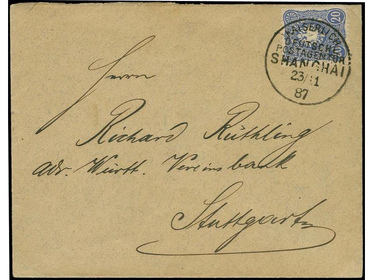 20 Pfg. dunkelultramarin mit klarem EKr. "KDPAg SHANGHAI 23.11.87" auf Brief nach Stuttgart mit Ankunftsstempel, Kabinett