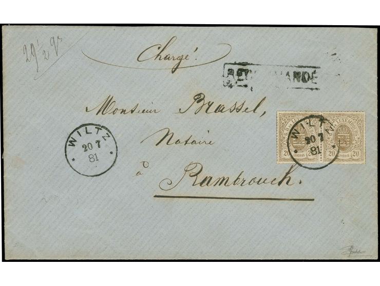 20 c. greyish-brown, horizontal pair, tied by cds. "WILTZ 20 7 81" to sealed double rate registered envelope to Rambrouch; re