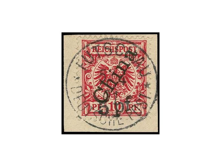 1900, 5 pf auf 10 Pfg. mit steilem Aufdruck, sauber mit Stempel "FUTSCHAU 5/4 01" auf kleinem Briefstück, tadellos, sign. Ste