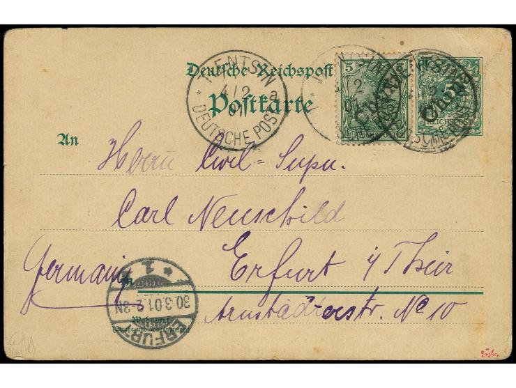 5 Pfg. als portogerechte Zufrankatur auf Ganzsachenkarte 5 Pfg. mit diagonalem Aufdruck von "TIENTSIN 4.2.01" mit viel Text n