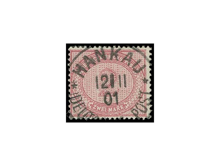 2 M. rötichkarmin, farbfrisch und gut gezähnt mit zentrischem "HANKAU 12/11 01"; eine außerordentlich seltene Entwertung, sig