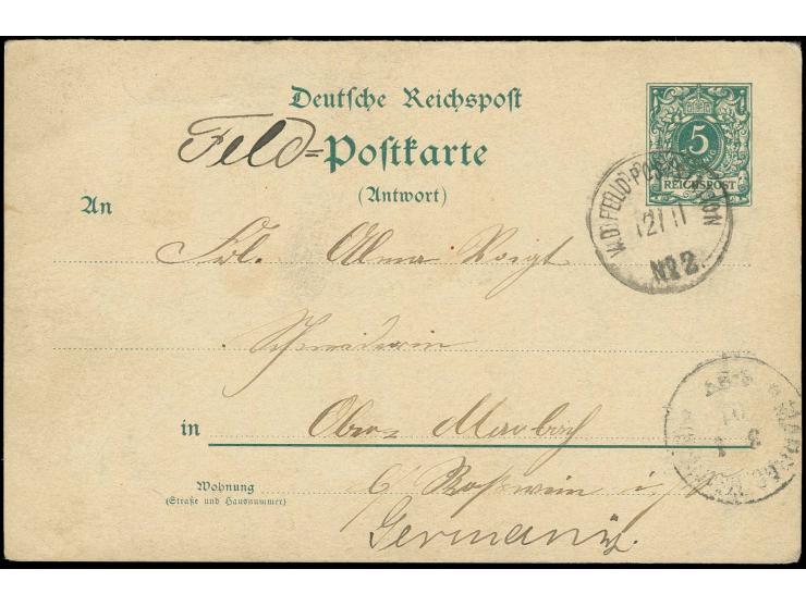 Antwortkarte 5 Pfg. mit Stempel "K.D. FELD-POSTSTATION No. 2 12/11" auf Bedarfskarte nach Deutschland mit vorderseitigem Anku