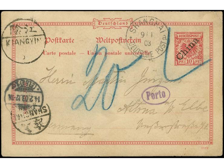 1898, Ganzsachenkarte Schrägaufdruck 10 Pfg., datiert  "Kiangyin 5.1.03" mit vorderseitigem Stempel der chinesischen Post mit