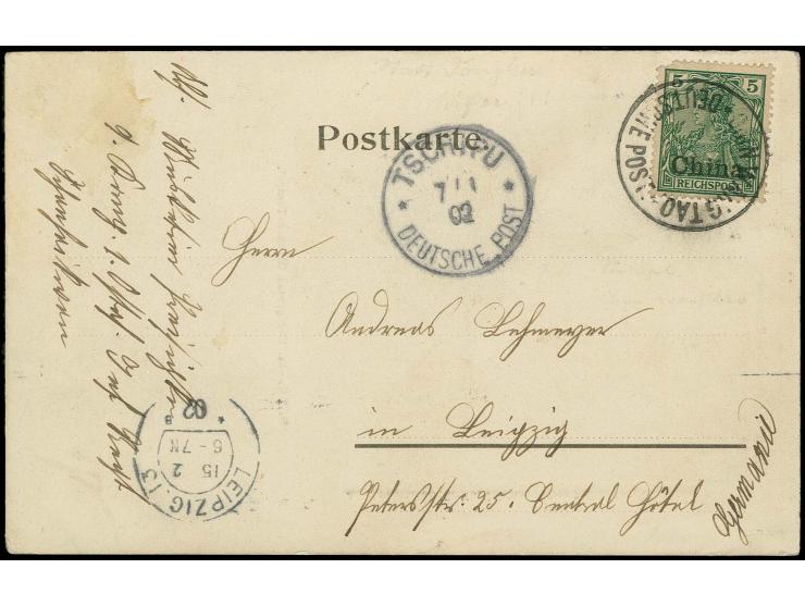 "CHIN WANG TAO DP" ohne Datum, recht klar auf Ansichtskarte mit 5 Pfg. und nebengesetztem Stempel "TSCHIFU DP 7.1.02" nach Le