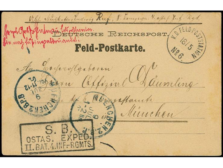 "K.D.FELDPOSTATION No. 6 18.5.", klar auf Feldpostkarte mit Briefstempel und rückseitigem Text mit Datierung "Fuping" nach Mü