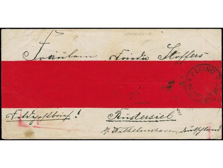 "PEKING DEUTSCHE POST **", Hartholzstempel klar auf sog. Rotband-Feldpostbrief nach Rüstersiel mit Ankunftsstempel, kleine Be