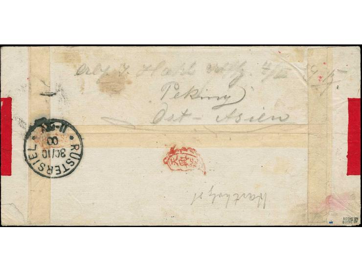"PEKING DEUTSCHE POST **", Hartholzstempel klar auf sog. Rotband-Feldpostbrief nach Rüstersiel mit Ankunftsstempel, kleine Be